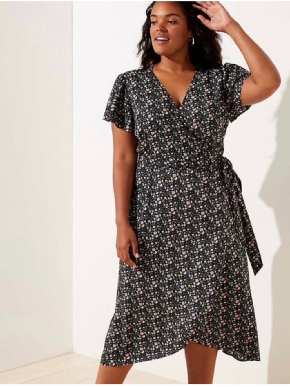 LOFT Black Floral Wrap Midi Dress with Pink and White Ditsy Print